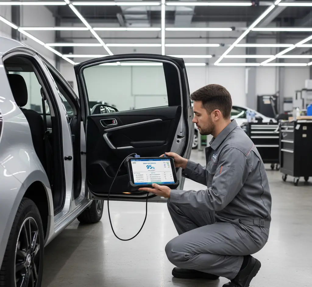 Mechanic performing diagnostic battery health check on used Toyota hybrid with computer tool in workshop
