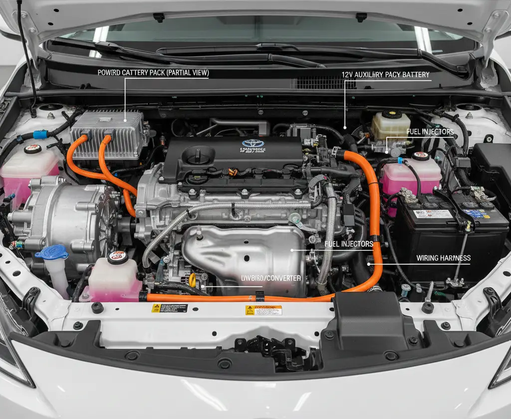 Toyota Aqua hybrid engine bay showing 1.5L petrol engine and electric motor components