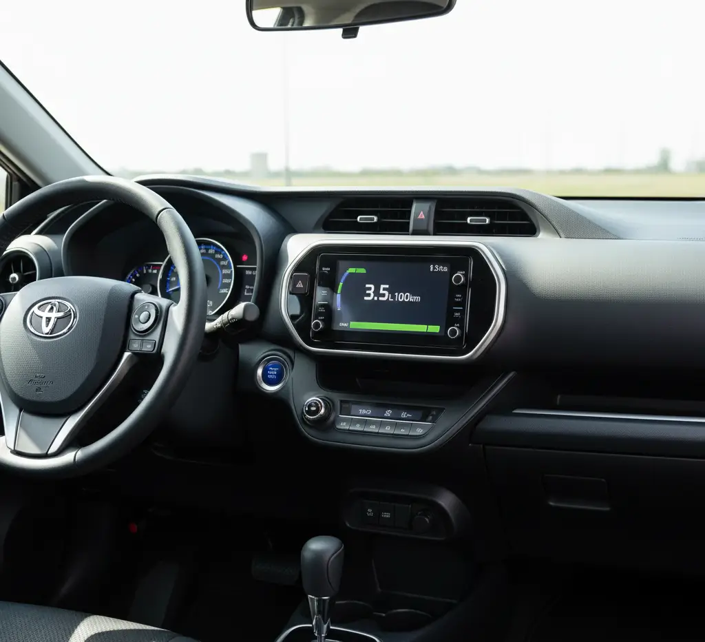Toyota Aqua dashboard showing fuel economy reading of 3.5L per 100km