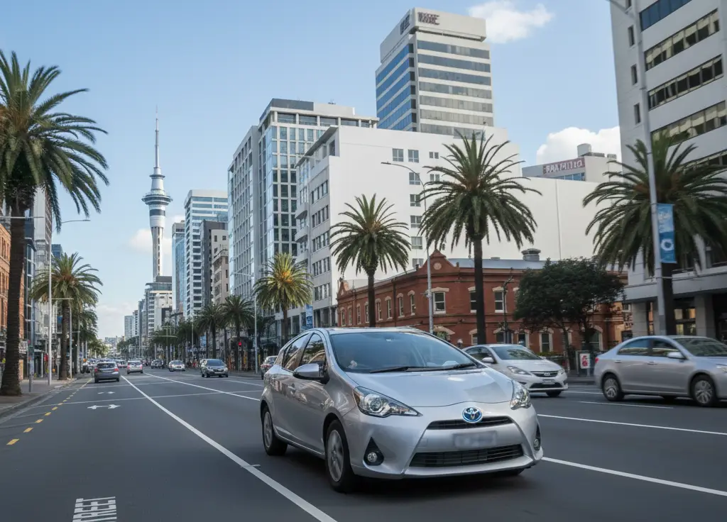 Silver Toyota Aqua hybrid driving through Auckland city streets in urban traffic