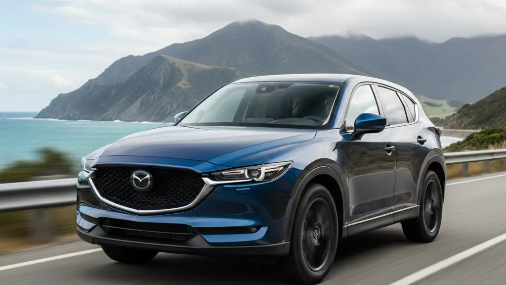 Modern Mazda CX-5 SUV driving on scenic New Zealand winding road showing sporty design and handling