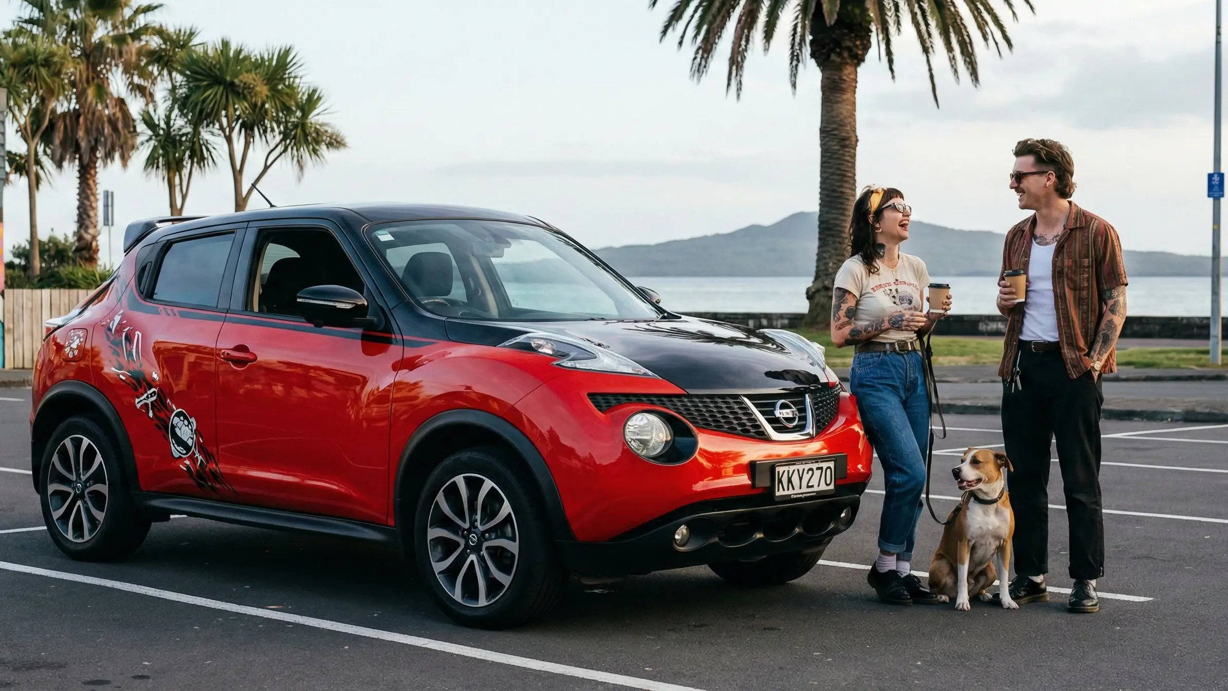 Nissan Juke compact SUV at Auckland cafe showing unique style and urban agility for couples